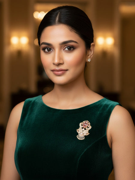 “Victorian Polish Pink Doublet Brooch with Moissanite Polki Work”