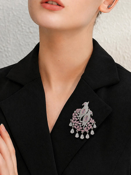 Elegant Pink Birds Design American Diamond Brooch Pin for Women