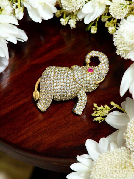 Gold-Toned Crystal Elephant Brooch with Ruby Eye Accent