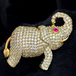 Gold-Toned Crystal Elephant Brooch with Ruby Eye Accent