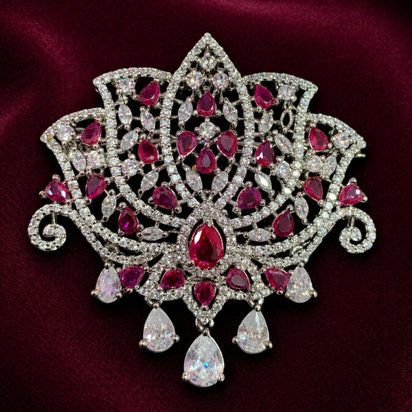 Elegant Lotus Shape Brooch Victorian Finish with Ruby Red AD Stones