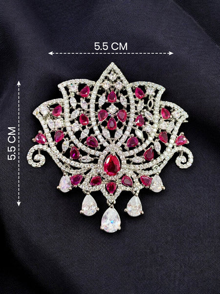 Elegant Lotus Shape Brooch Victorian Finish with Ruby Red AD Stones