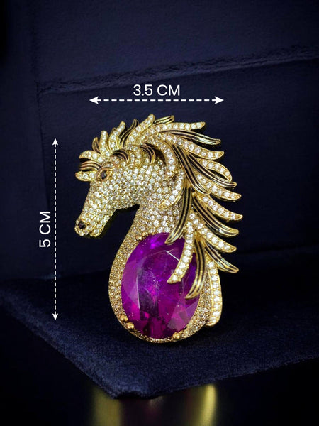 Luxury Horse Head Crystal Brooch Pin with Pink Gemstone  Premium Gold Finish