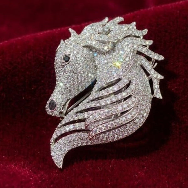 Luxury Crystal Horse Head Brooch Pin Silver Finish Designer Brooch