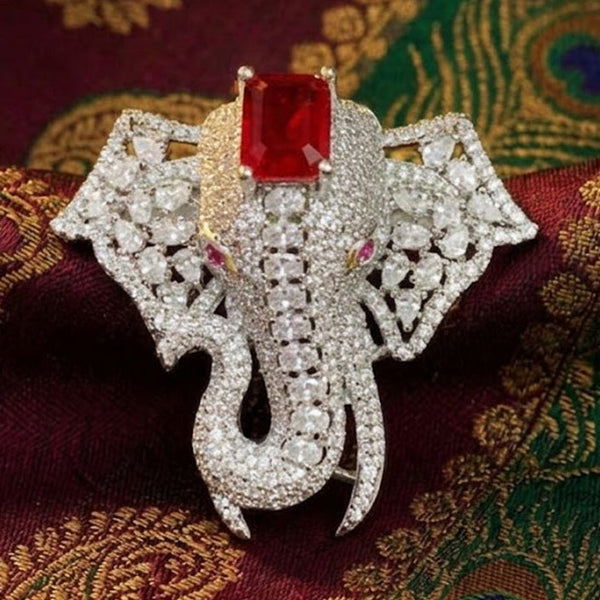 Royal Elephant Designer Brooch with Ruby Red Stone & Silver Finish