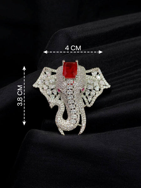 Royal Elephant Designer Brooch with Ruby Red Stone & Silver Finish