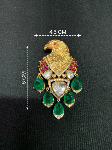 Royal Eagle Motif Brooch  Matt Golden Finish with Green Doublet Stones