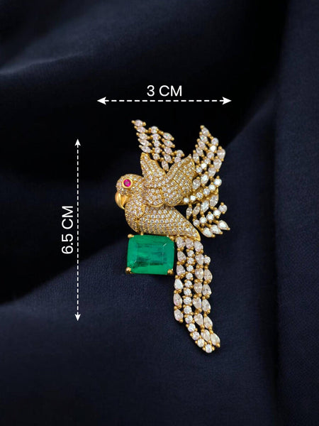 Luxury Parrot Designer Brooch Green Stone & AD Crystal Bird Pin