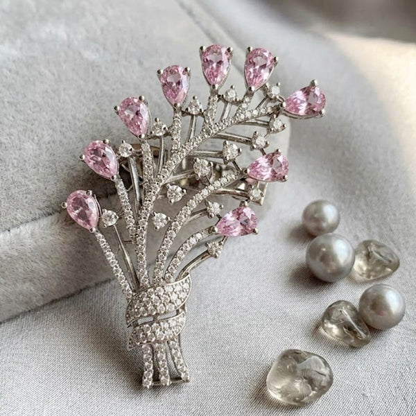 Elegant Pink Floral Designer Brooch Victorian Finish AD Stone Pin