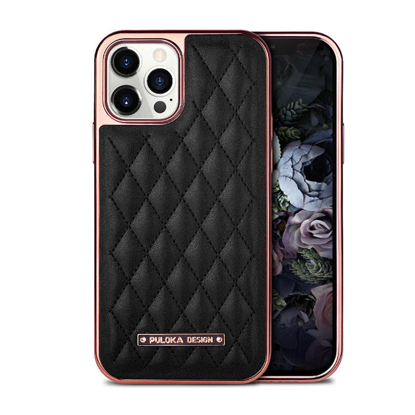 PULOKA Leather Diamond Design Electroplated Back Case for iPhone