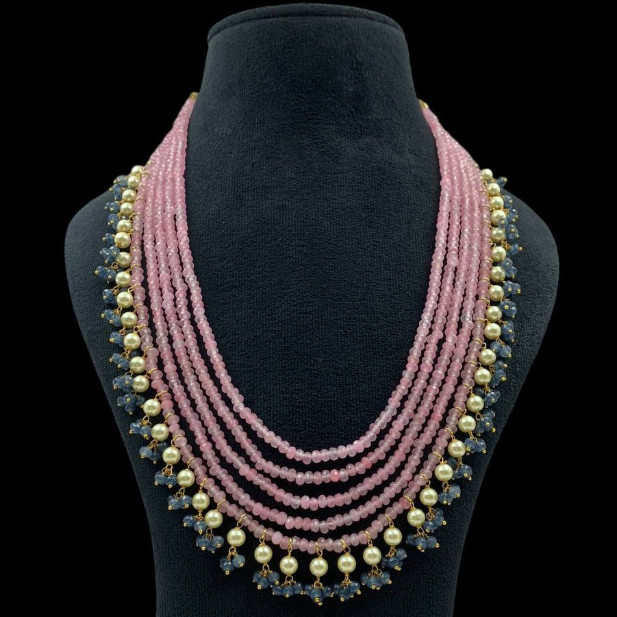 Multi-Strand Pink Beaded Necklace with Pearls & Blue Crystal Drops