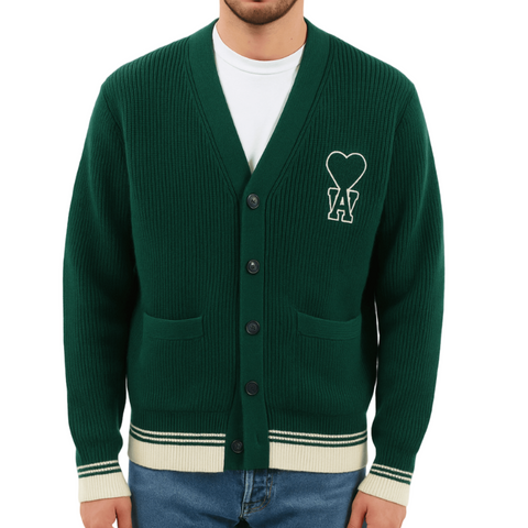 Men’s Dark Green Knitted Cardigan with Heart Embroidery