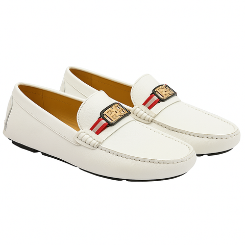 Luxury White Leather Loafers Signature Stripe