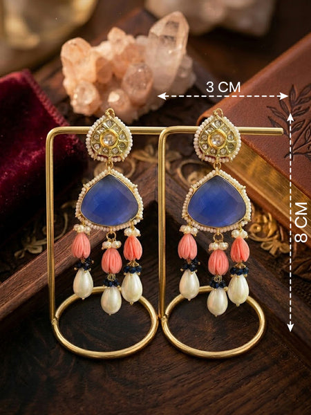 Elegant Blue Doublet Stone Brass Earrings with Coral Tulips & Shell Pearl Drops