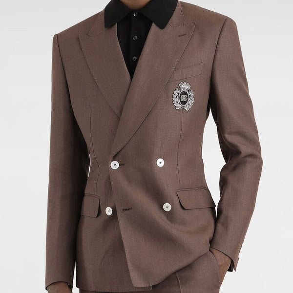Double-Breasted Brown Blazer with Embroidered Crest