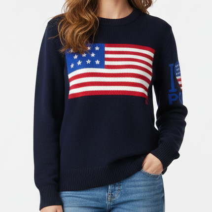 Luxury  Blue Knit Pullover  with Classic American Flag Design