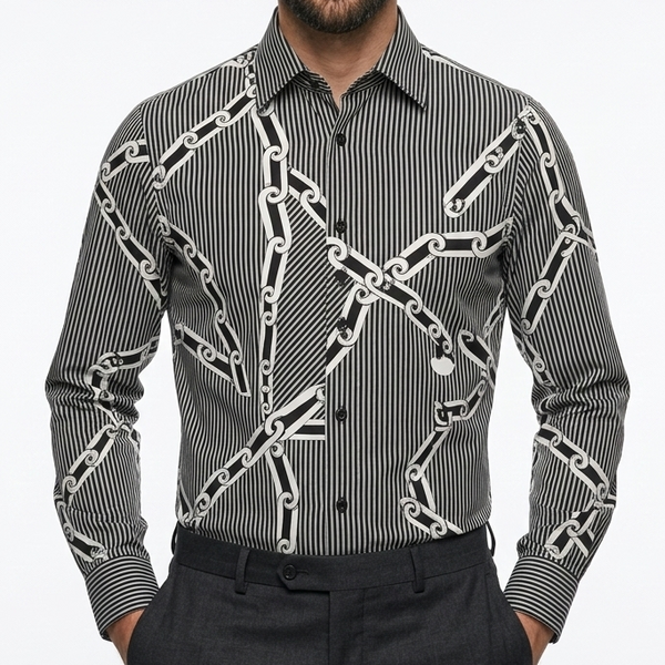Luxury Stripe & Chain Pattern Casual Shirt For Men