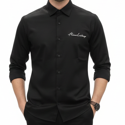 Men’s Premium Black Solid Shirt Minimal Logo Detail Smart Casual & Formal Wear