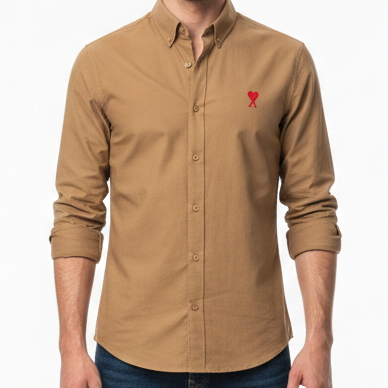 Premium Brown Button-Down Shirt with Signature Red Heart Logo