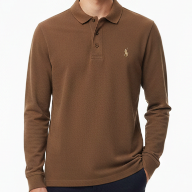 Classic Brown Long-Sleeve Polo T-Shirt – Smart Casual Style