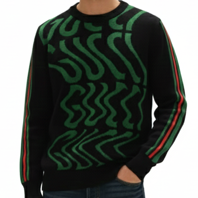 Designer-Style Black Knitted Sweatshirt with Bold Pattern