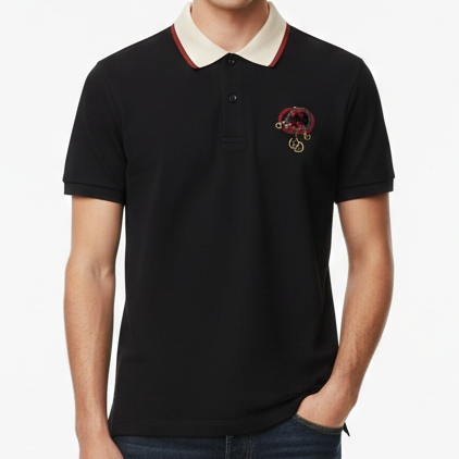 Men’s Black Polo T-Shirt with Contrast Collar & Chest Embroidery