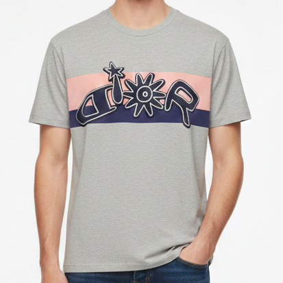 Premium Grey Classic T-Shirt with Iconic Brand Logo Stripe