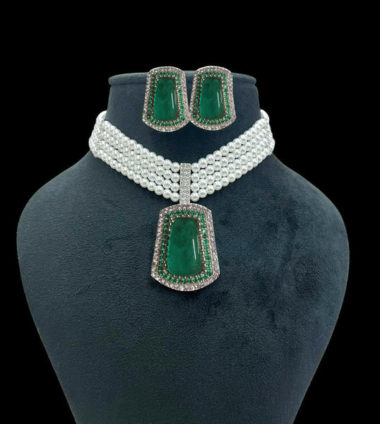 Elegant Pearl Choker Set with Grand Emerald-Green Polki Pendant