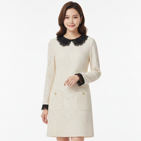 Trapeze Mini Dress With Frilled Collar in Floral Guipure