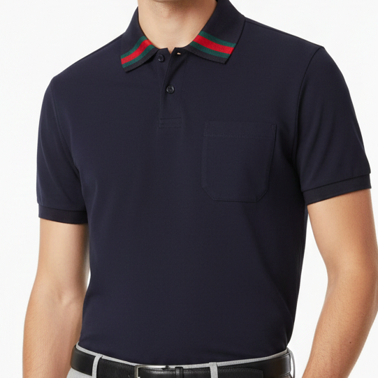 Luxury Navy Designer Polo T-Shirt with Signature Web Collar