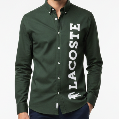 Premium Green  Button-Down Shirt with Bold Vertical Logo Print