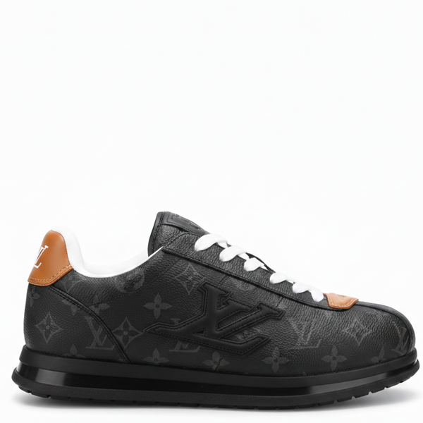 Premium  Black Monogram Low-Top Sneakers with Gold Accent