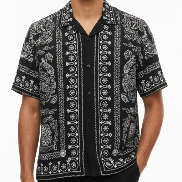 Men’s Black Paisley Print Half Sleeve Shirt Bold Designer Casual Wear