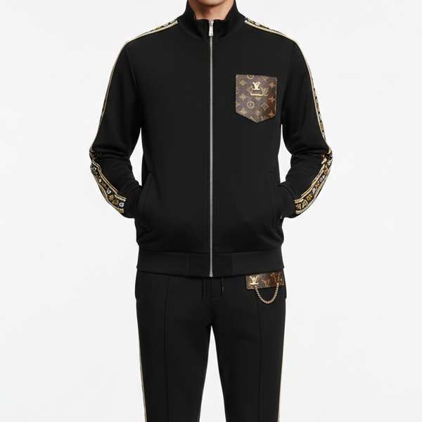 Luxury  Monogram Trim Black Tracksuit with Signature Detailing