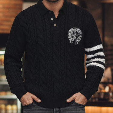 Luxury Black Cable Knit Rugby Polo Sweater