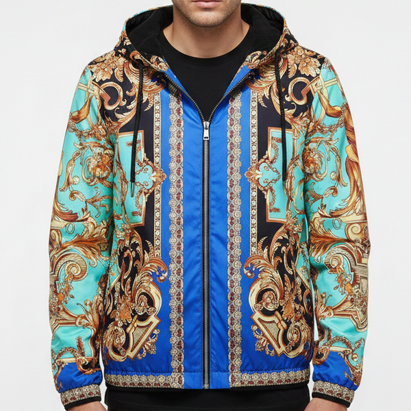 Premium Baroque Printed Blue Golden Zip Up  Hoodie Jacket