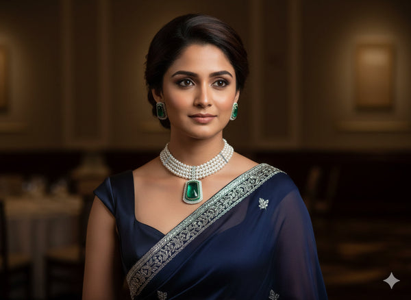 Elegant Pearl Choker Set with Grand Emerald-Green Polki Pendant