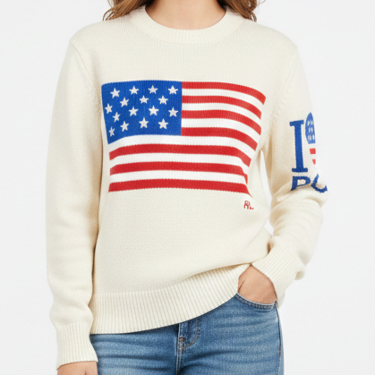 White Knit Sweater with Classic American Flag Design