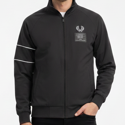 Men’s Black Zip-Up Casual Jacket with Logo Print