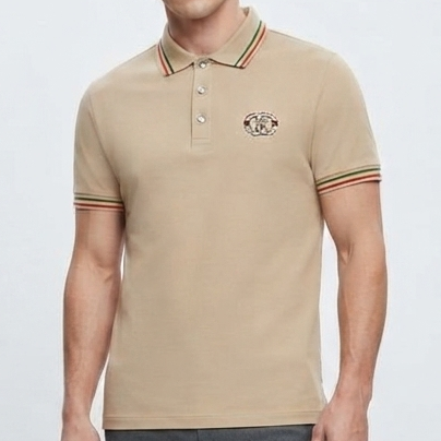 Men’s Premium Beige Polo T-Shirt with Signature Logo & Striped Collar