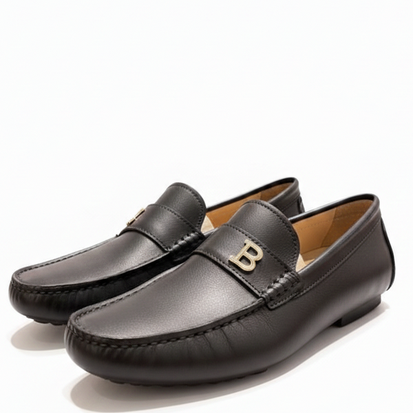 Luxury Black Leather Loafers with Classic Metal Initial Detail