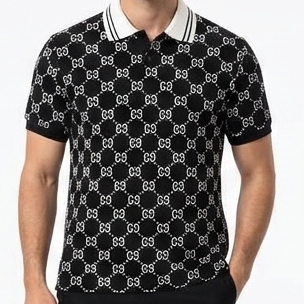 Men's Premium Black Printed Polo T-Shirt  All-Over Monogram Design Soft & Breathable Casual Wear