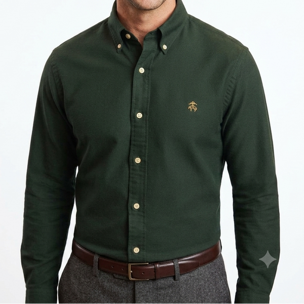 Premium Men's Dark Green Button-Down Shirt  Classic Regular Fit for Smart Casual Wear