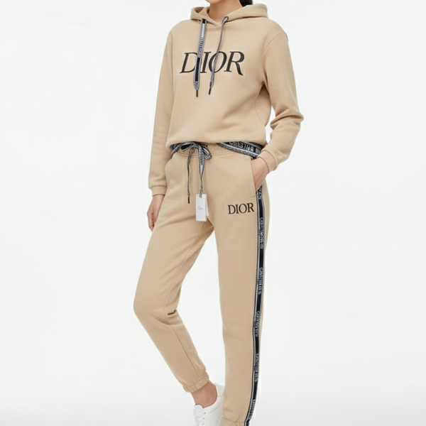 Luxury Beige Tracksuit Set with Contrast Trim Logo