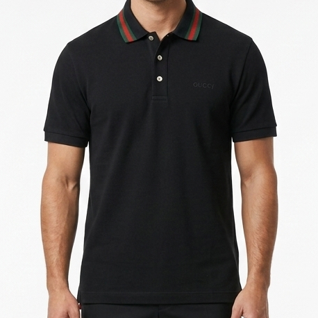 Imported Classic Black Polo Shirt With Web Stripe  Luxury Casual Style