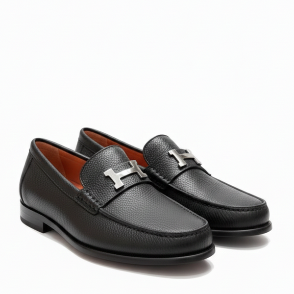 Premium Black Leather Shoes  with Signature Metal H Buckle