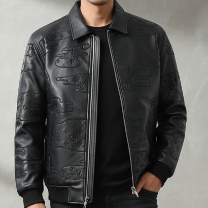 Designer Black Leather Jacket with Embossed Cloud Pattern