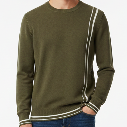 Men’s Olive green Designer Sweater with Contrast Stripe Detail