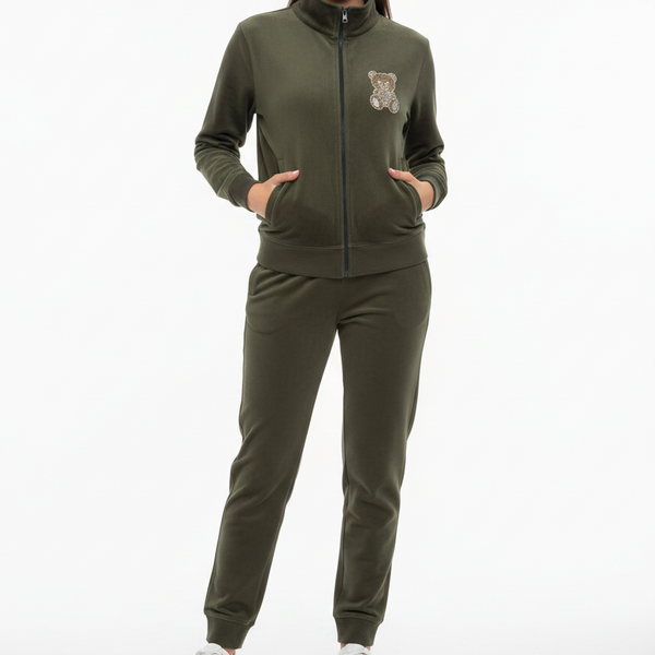 Olive Green Teddy Logo Tracksuit for Cozy Casual Style