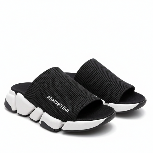 Luxury Brand  Knit Strap Chunky Slide Sandals  Black & White